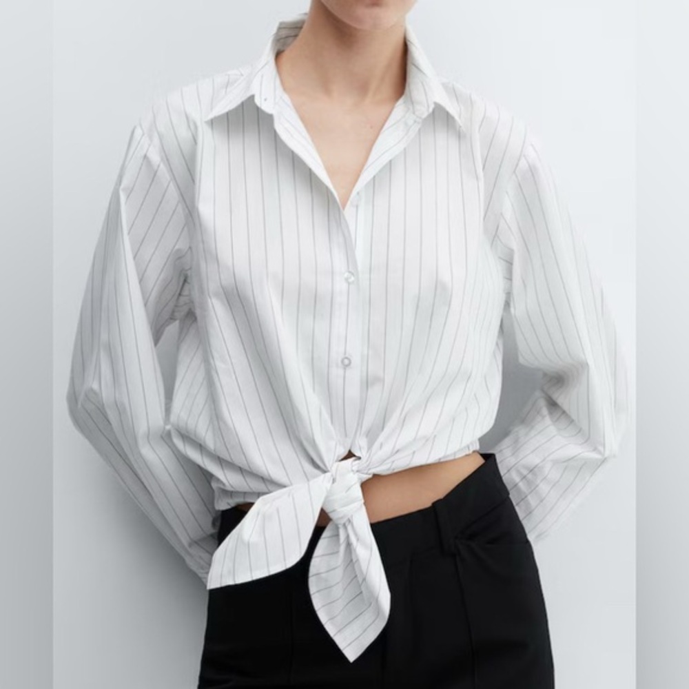 Mango White & Black Striped Tie Front Cropped Blouse Size US 8 (UK Large)